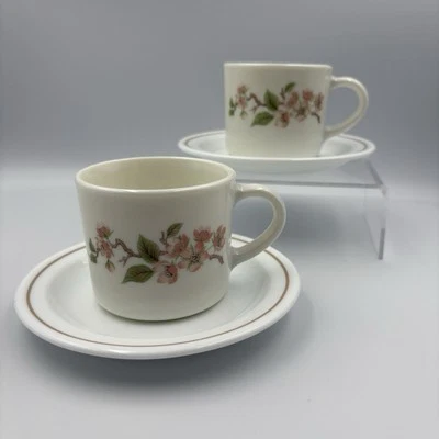 2 x Vintage JAJ Pyrex Retro Cherry Blossom Cups & Saucers Tea Set 60/70s VGC - Image 1 of 4