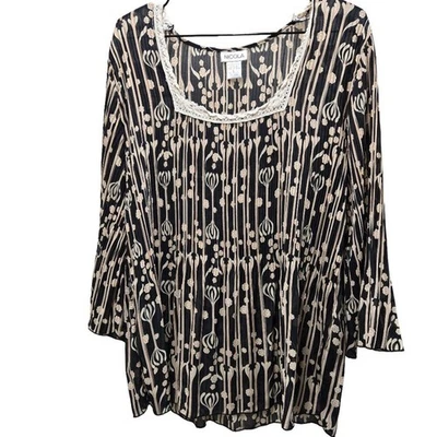 NICOLA ЧЕРНЫЙ И КРЕМОВЫЙ БОГЕМНОЕ В ПОЛОСКУ С ЦВЕТОЧНЫМ ПРИНТОМ КРУЖЕВНОЙ ВЫРЕЗ РАСКЛЕШЕННЫЕ РУКАВА ТОП L - Изображение 1 из 4