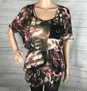 Camisa Bisou Bisou Peplum XS Negra Púrpura Estampado Abstracto Semitransparente Primavera Verano - Imagen 1 de 12