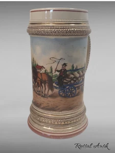 A1766 Antique Beer Mug 1/2 L Motif Pitcher "BUILDER WITH HORSECARRIAGE IN FRONT OF VILLAGE" - Picture 1 of 6