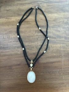 Vtg 1928 Black Bead Necklace With White Opaline Pendant  - Picture 1 of 8
