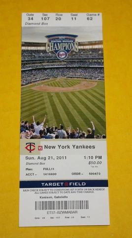 Minnesota Twins Ticket Stub | August 21 2011 | Mariano Rivera Save Derek Jeter H Cover