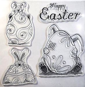 Sello transparente de huevos decorados con conejos de Pascua Peeking 5,5" x 5,5" - Imagen 1 de 1