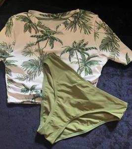Girl's 2 Piece Swimsuit Tropical Short Sleeve  Army Green - Size 12Y- NEW! - Picture 1 of 3