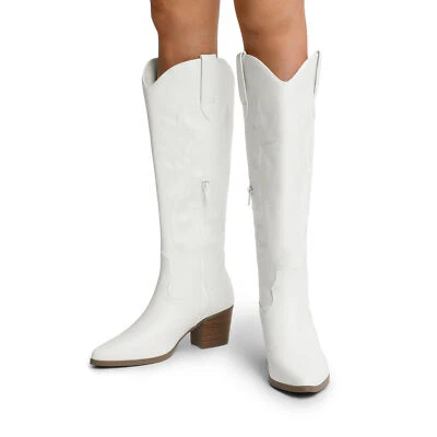 Mujeres Botas de Vaquero Tacón Bajo Bloque Punta Cremallera Western Botas Hasta la Rodilla Foto 1 de 4