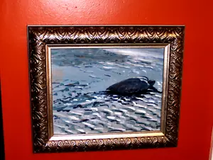 Lovely Little Turtle on shore running toward Ocean Framed for Child Baby’s Room - Picture 1 of 11