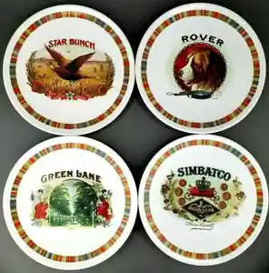 Pottery Barn Dessert Plates Fireside Club Set of 4 Cigar Box Label Designs NIB - Picture 1 of 4