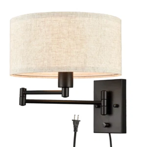 Schwenkarm Wandleuchte Trommelschirm schwarz Stecklampe Leinenoptik Schirm - Bild 1 von 1