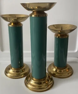 Vintage Ethan Allen 80s Metal Aqua Gold Brass Candle Holder Set of 3 - Picture 1 of 14