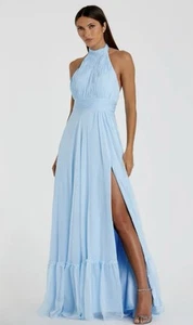 Mac Duggal 67816 Sz 12 Sky Blue High Neck Tiered Halter Chiffon Gown - Picture 1 of 5