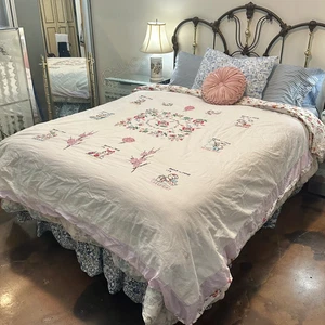 Vintage Handmade 50s Cat & Bear Embroidered Cottage Floral Cotton Duvet Cover - Picture 1 of 18