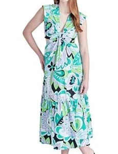 Steve Madden Amanda Cutout Midi Dress Women's L Green Multi V-Neck  Pullover S/S - Picture 1 of 1