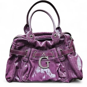 Guess Purple Croc Embossed Bag Rhinestone Bling Logo Double Handle Vtg Y2K FLAW - Picture 1 of 23