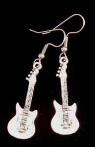 Electric Guitar Earrings Rock Band Oxidized Matt Silver - Picture 1 of 1