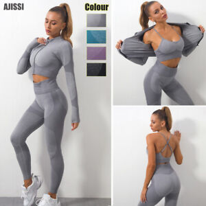 New Yoga Suit Women Gym Workout Sport Suit Long Sleeve Zipper Crop Top Leggings