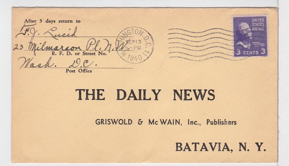 TurtlesTradingPost- Washington DC 1940- Machine Cancel- Daily News Reply Cover - Image 1 of 1