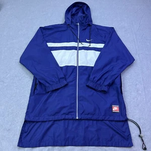 VTG Nike Jacket Men's Large Blue Big Swoosh Hooded Full Zip Long Windbreaker - Picture 1 of 19
