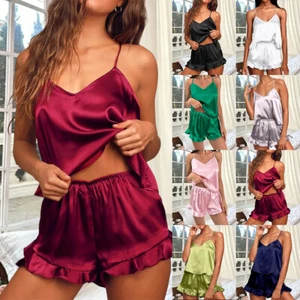 2PCS Women Ruffle V-Neck Satin Silk Sleepwear Lingerie Pajamas Cami Tops Shorts - Picture 1 of 31