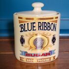 Vintage Blue Ribbon Brown Packing Sugar Corner Grocery Ceramic Jar w/ Lid 
