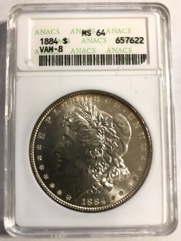1884 ANACS Grade MS64 VAM 8 , Far Date, White coin with edge toning Cover
