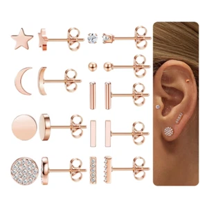 9 Pairs Stainless Steel Stud Earrings for Women Star Moon Bar CZ Earring  STEEL - Picture 1 of 9
