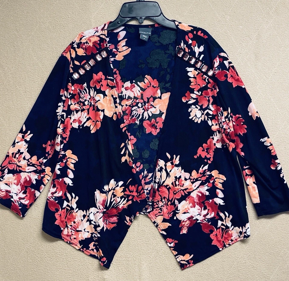Cárdigan corto Covington frente abierto cubierta talla 14 cuentas floral manga 3/4 Foto 1 de 4