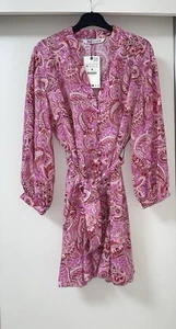ZARA PINK PAISLEY PRINT SLOT COLLAR MINI SATIN FLARE DRESS WITH BELT SIZE M BNWT - Picture 1 of 12