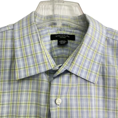 Структура рубашка мужская 2XL синий желтый клетку резинке длинным рукавом кнопка спереди - Изображение 1 из 4