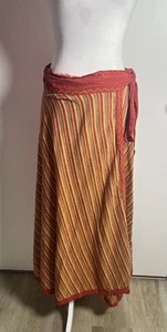 Vintage Orange Striped Woven 100% Cotton True Wrap Around Embroidered Maxi Skirt - Picture 1 of 10