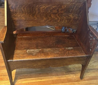 Antiguo Banco Roble Tallas Ornamentadas 49" Largo Brazos Refinados, Asiento Elevador Almacenamiento Foto 1 de 4