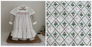 Vintage Girl Dress Pinafore 6 Long Sleeve Prairie White Smocked Pink Floral - Picture 1 of 12