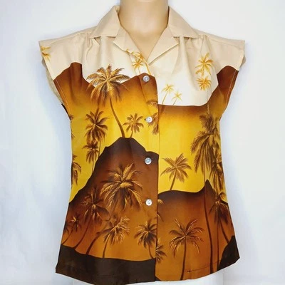 VTG. Hukilau Fashions Women's Shirt Small Brown Hawaiian Palm Trees Cap Sleeve - Image 1 of 4
