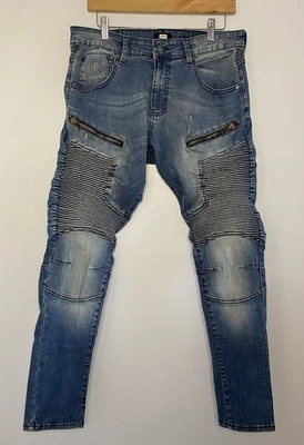 Pantalones de mezclilla ajustados 883 Police W34 para hombre azul claro motociclista cremalleras acanaladas Foto 1 de 4
