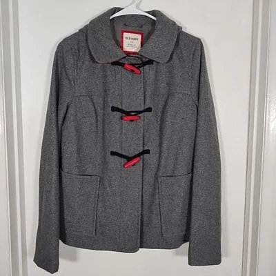 Old Navy Women's M Coat Gray Wool Blend Hooded Full-Zip Toggle Red Plaid Trim - Image 1 of 4