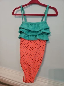 Cat & Jack Girls 4T Strawberry Bathing Suit With Pom Pom Ruffles - Picture 1 of 3