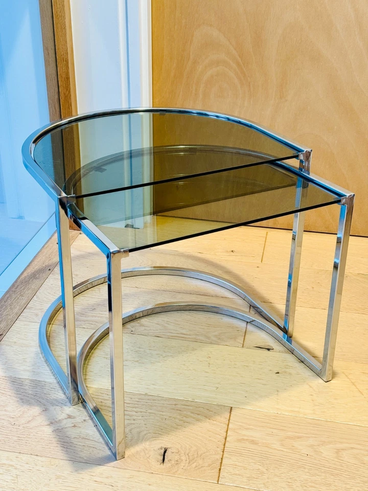 Two Italian Half Moon Smoked Glass & Chrome Nesting Tables by Vico Magistretti - Image 1 of 4