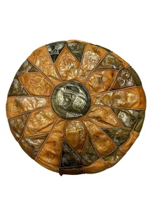 Vintage Ägyptischer Ottoman Pouf Königin Nofretete Hieroglyphen Leder Marokkanisch - Bild 1 von 7