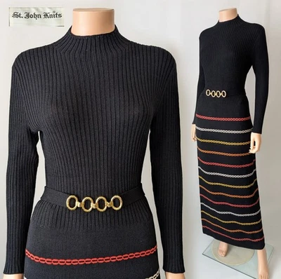 Maxi Vestido Suéter De Colección Años 70 St. John Tejidos Negro Multicolor Rayas con Cinturón M Foto 1 de 4