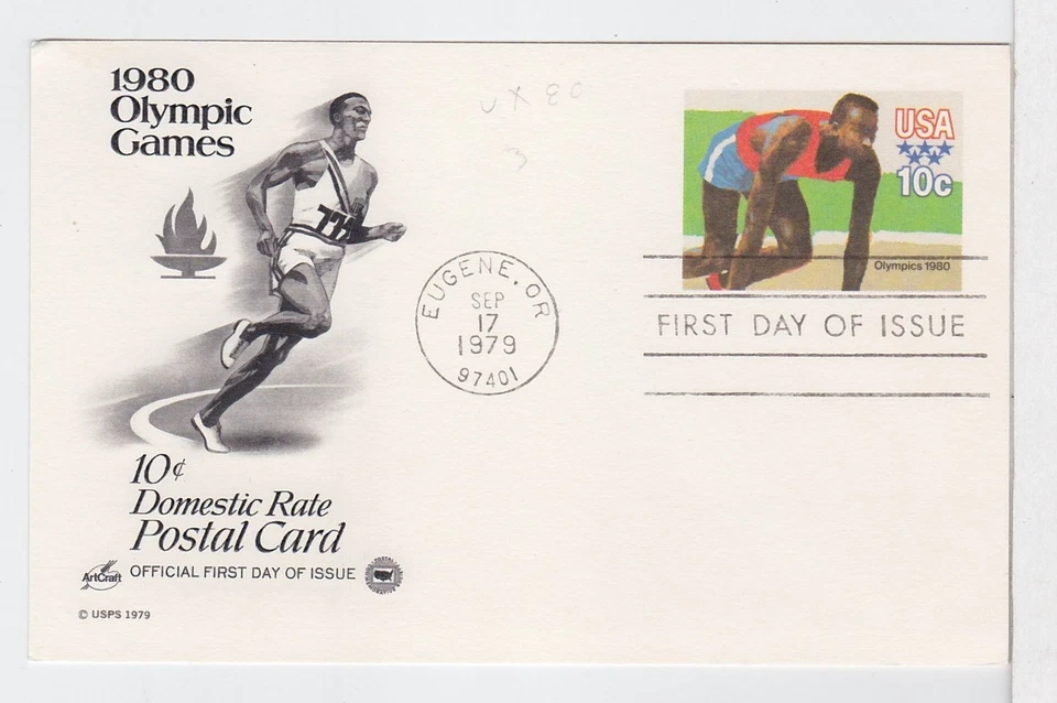 TurtlesTradingPost- Olympic Runner Postal Card- 1979 FDC #UX80- Artcraft Variety - Image 1 of 1