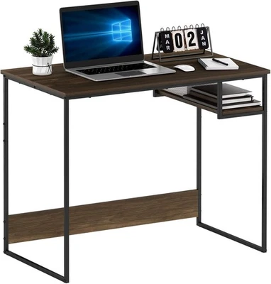 Modern Study Desk with Storage Shelf, Compact Walnut Computer Table 90x51x75cm - Image 1 of 4