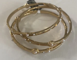 Banana Republic Gold Tone Bangle Bracelet Set Crystal Faux Pearl set of 3 - Picture 1 of 4