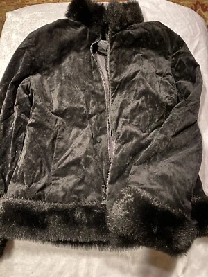 Kids Girls Guess Jeans Black Velvet Faux Fur Jacket Coat Zipper L Large - Image 1 of 4