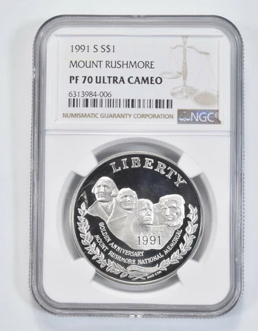 1991 S Mount Rushmore Commemorative Proof Silver Dollar NGC PF70 UCAM Cover