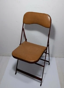 Vintage Mid Century Industrial Red Metal Folding Kids Chair with Vinyl Wood Seat - Picture 1 of 12