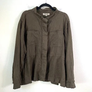 FLAX Womens Plus 1G 1X Brown 100% Linen Button Up Jacket Long Sleeve - Picture 1 of 11