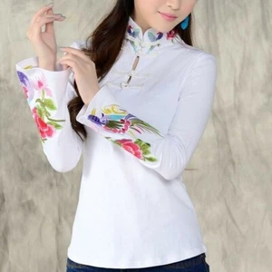 Camicia cinese retrò ricamo donna mandarino colletto manica svasata blusa nuova - Foto 1 di 11