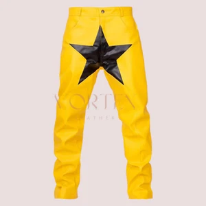 Men's Yellow Leather Pant Genuine Lambskin Leather Pant Star Print - Picture 1 of 3