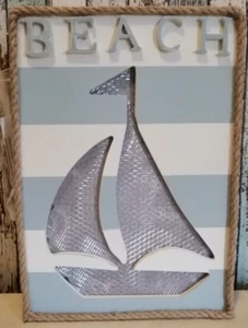 maritmes Leuchtbild, Segelboot, Beach, Holzbild, 28 x 20 x 3 cm - Bild 1 von 4