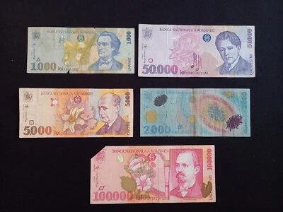ROMANIA 1000 + 2000 + 5000 + 50000 + 100000 LEI Banknotes - Damaged - Image 1 of 2