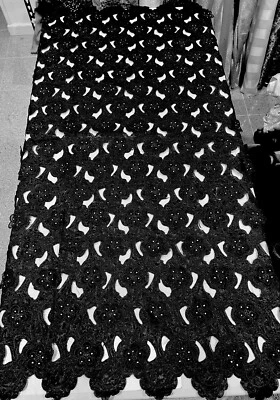 BLACK Cutout Embroidery Rhinestones Organza Lace Fabric 50” Width SOLD BY  YARD - Image 1 of 4